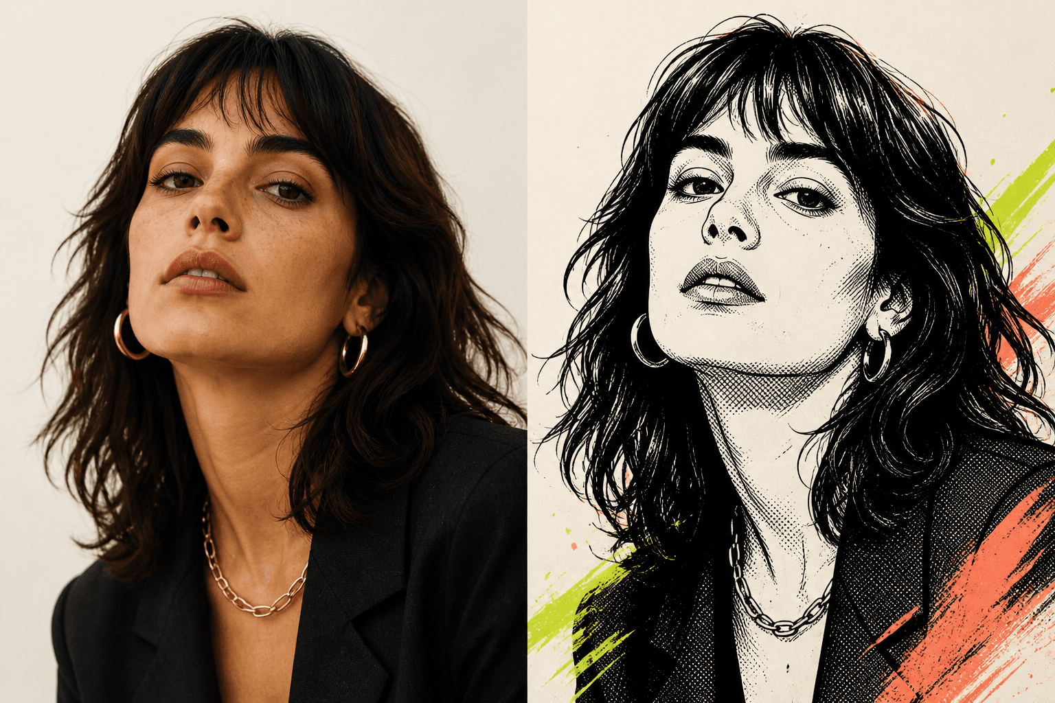 A portrait before and after an ink comic transformation