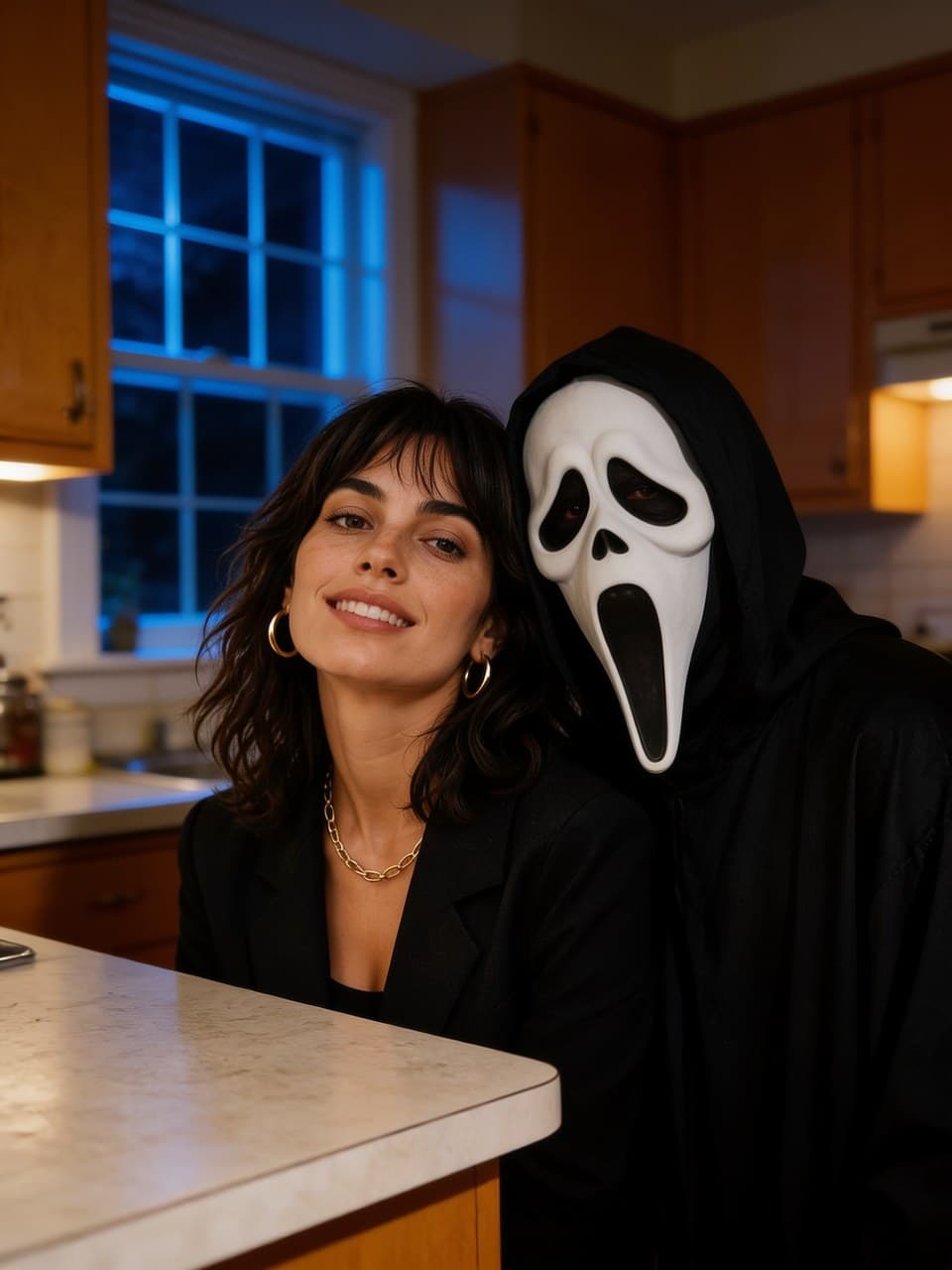 AI-generated Halloween portrait with Ghostface in a retro kitchen