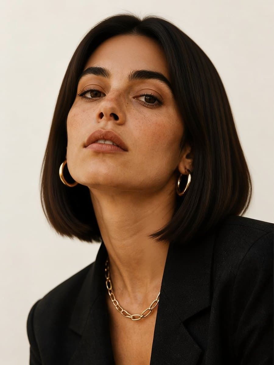The same synthetic portrait edited with a short, dark blunt bob