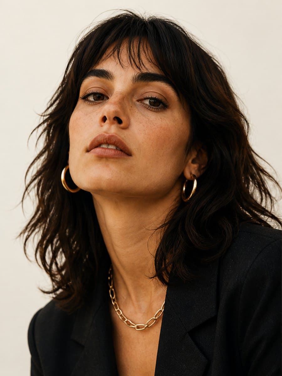 Original synthetic portrait with dark shoulder-length hair
