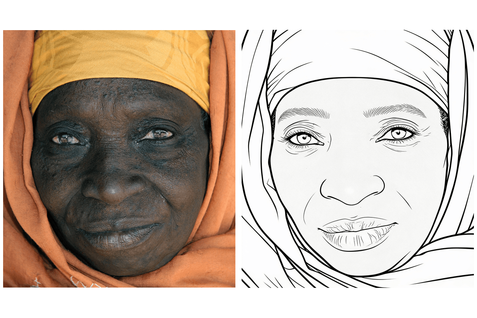 Photo converted into a printable coloring page outline